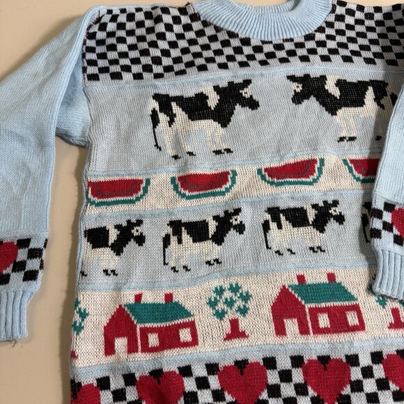 Vintage 80s Adele Boho Knit Sweater Cow Hearts Print Made In USA - Picture 2 of 9